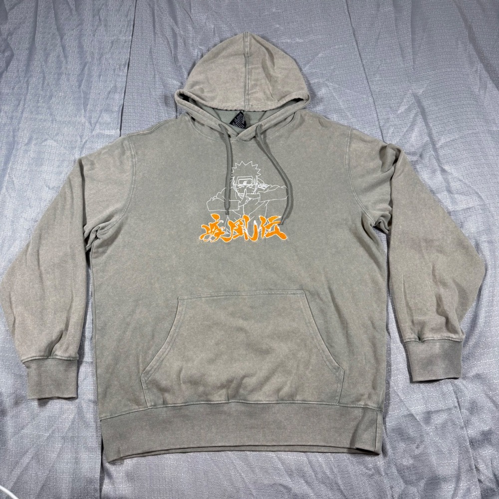 Naruto Hoodie Mens L Grey Shippuden Uzumaki Graphic Mineral Wash Sweatshirt VTG